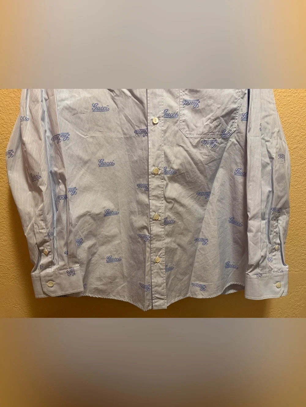 New Authentic Gucci Logo Button Up Casual Shirt White Blue Size IT 50 / US L
